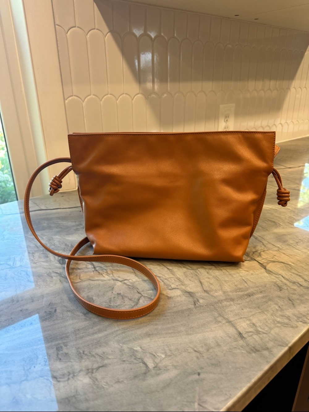 Quince Italian Leather Drawstring Pouch Crossbody Bag in Cognac - Picture 2 of 16
